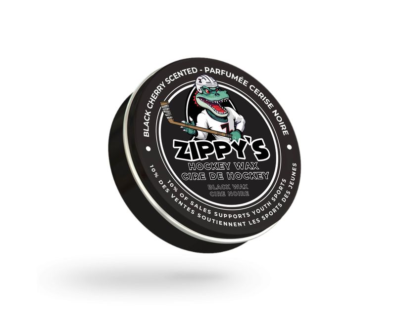 Zippy's Hockey Wax container with a cartoon hockey player on a white background