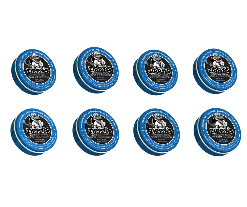 Nine containers of Zippy's pet product on a white background