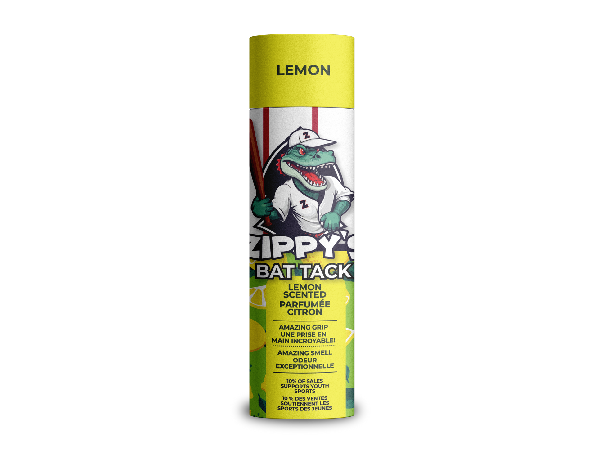 Zippy Bat Tack lemon-flavored product packaging on a white background