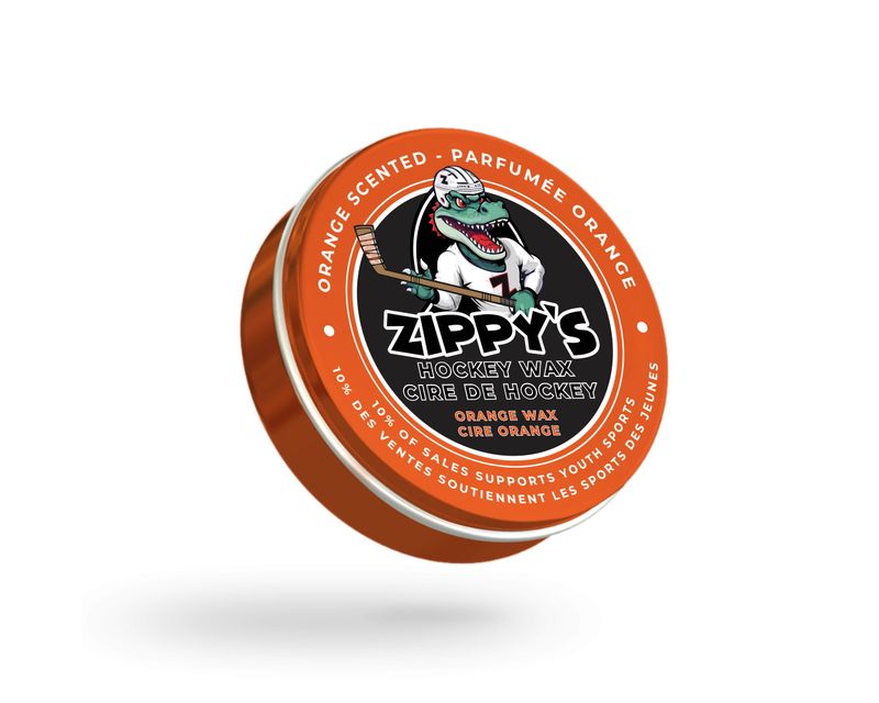 Zippy's Hockey Wax container with orange and black design on a white background
