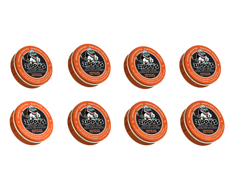 Nine containers of Zippy's Pet Products on a white background