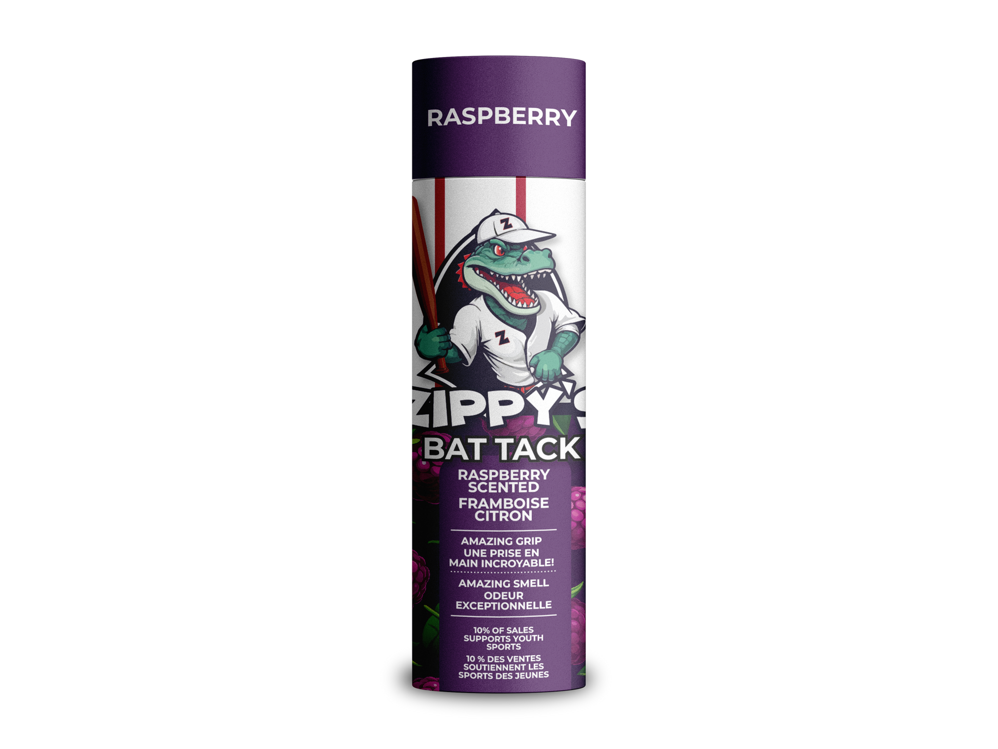 Zippy Bat Tack raspberry-flavored product packaging on a white background