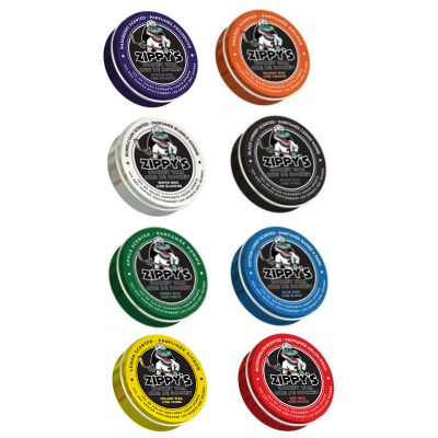 Collection of Zippy's pet products in various colors on a white background