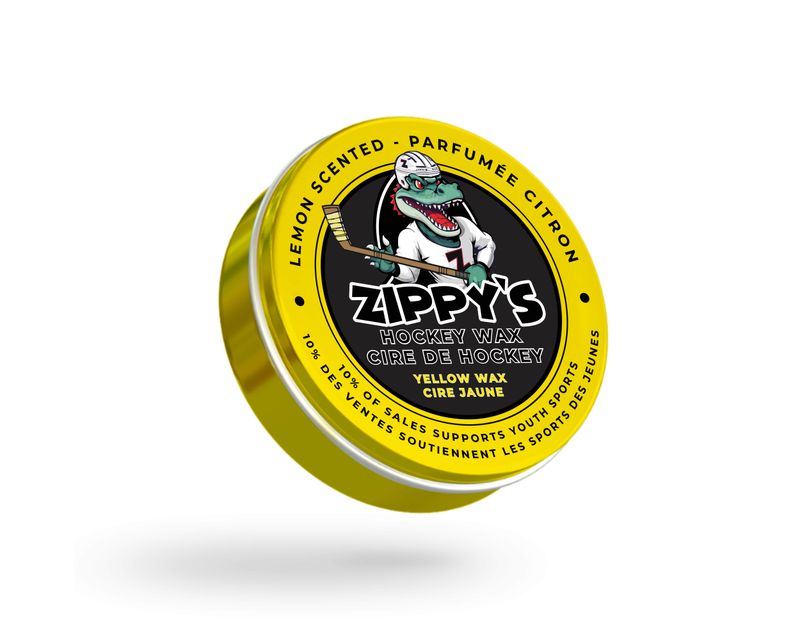 Zippy's Hockey Wax container with yellow lid and black label on a white background