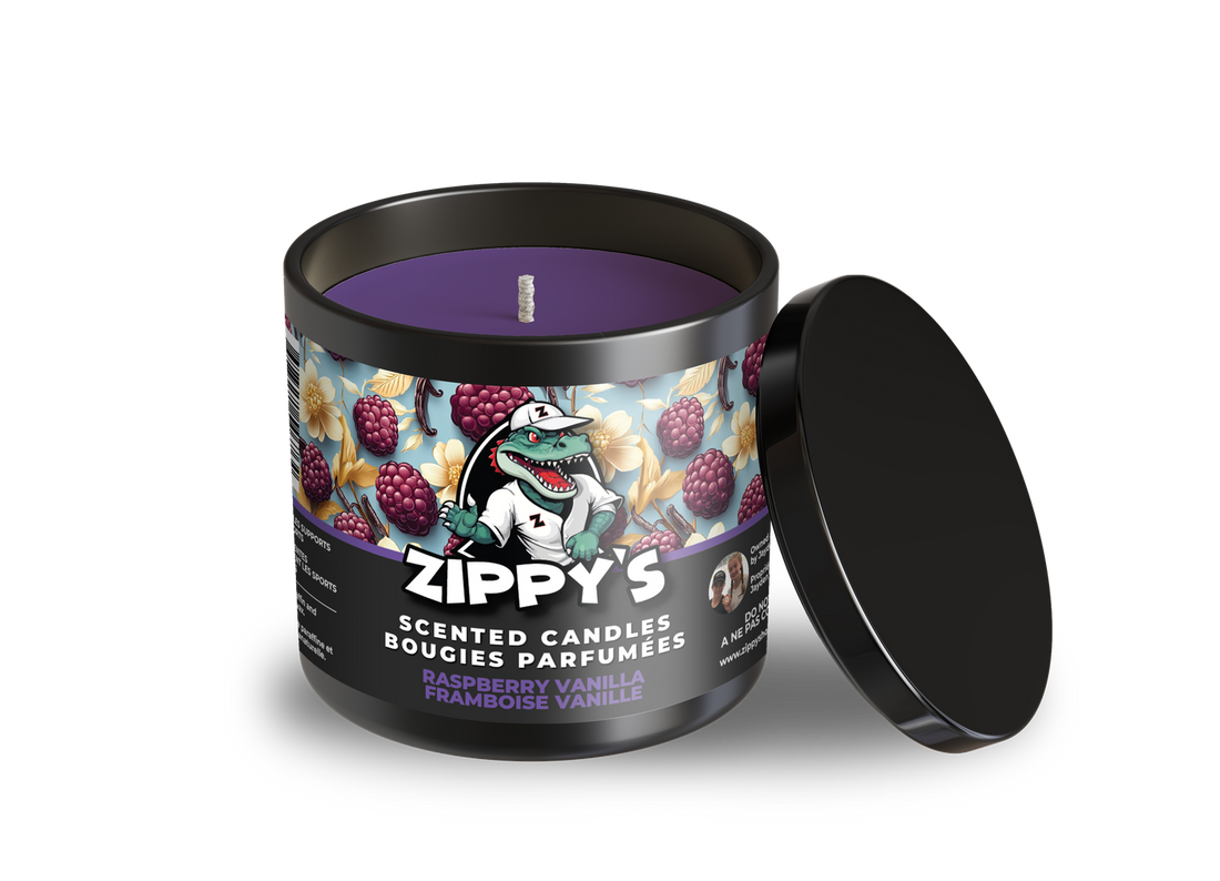 Zippy's scented candle with black lid on a white background