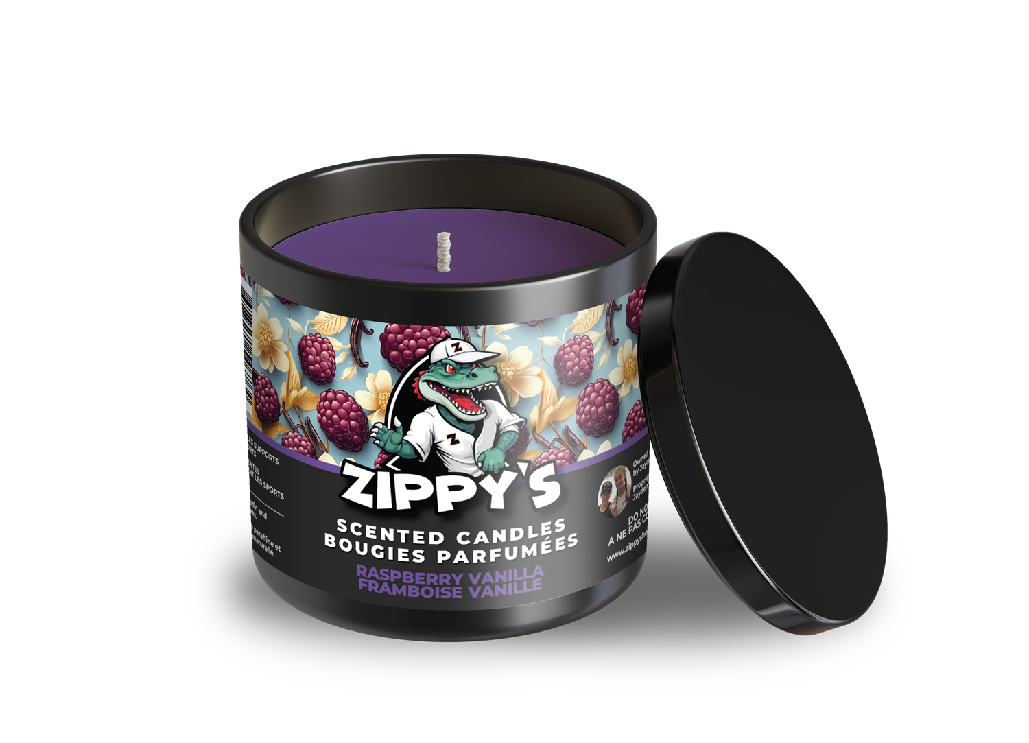 Zippy's scented candle with black lid on a white background
