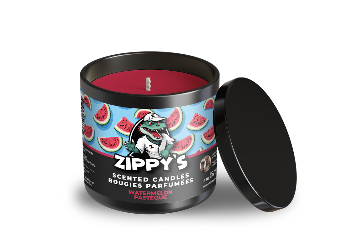 Zippy's scented candle with watermelon design on a white background